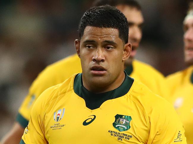 OITA, JAPAN - OCTOBER 19:  Silatolu Latu (L), Scott Sio (C) and David Pocock (R) of Australia during the Rugby World Cup 2019 Quarter Final match between England and Australia at Oita Stadium on October 19, 2019 in Oita, Japan. (Photo by Michael Steele/Getty Images)