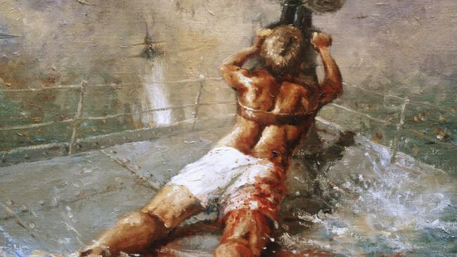 Dale Marsh's painting of Teddy Sheean, who strapped himself to his gun and fired until the HMAS Armadale sank.