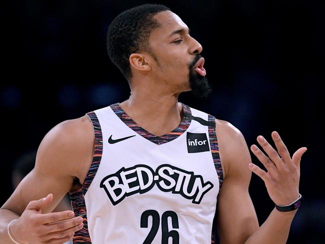 LOS ANGELES, CALIFORNIA - MARCH 10:  Spencer Dinwiddie #26 of the Brooklyn Nets reacts to his offensive foul during a 104-102 win over the Los Angeles Lakers at Staples Center on March 10, 2020 in Los Angeles, California. (Photo by Harry How/Getty Images)  NOTE TO USER: User expressly acknowledges and agrees that, by downloading and or using this photograph, User is consenting to the terms and conditions of the Getty Images License Agreement.