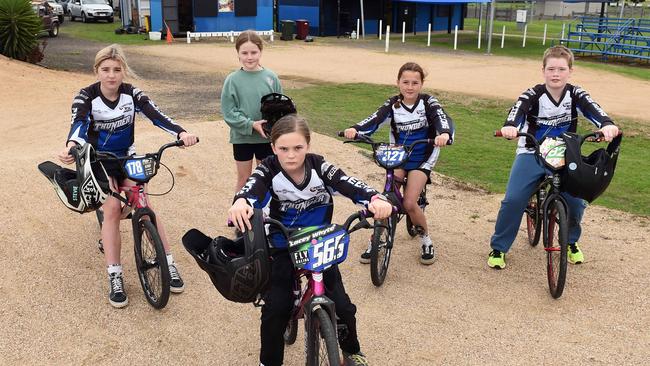 The Geelong BMX Club are asking council to build a changeroom and toilets. Stevie Holloran, Tyra Cobain, Lacer Whyte, Drew Holloran and Jackson Taylor.