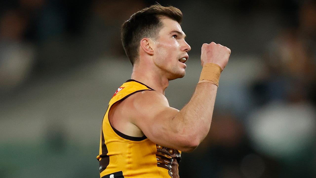 Jaeger O'Meara of the Hawks celebrates a goal during the 2022 AFL Round 17 match between the Hawthorn Hawks and the Adelaide Crows at Marvel Stadium on July 10, 2022 in Melbourne, Australia. (Photo by Michael Willson/AFL Photos via Getty Images)