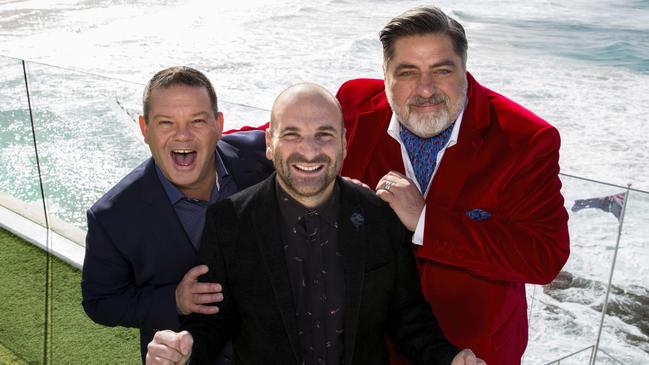 MasterChef presenters Gary Mehigan, George Calombaris and Matt Preston take in the Bondi sea mist. Picture: Channel 10