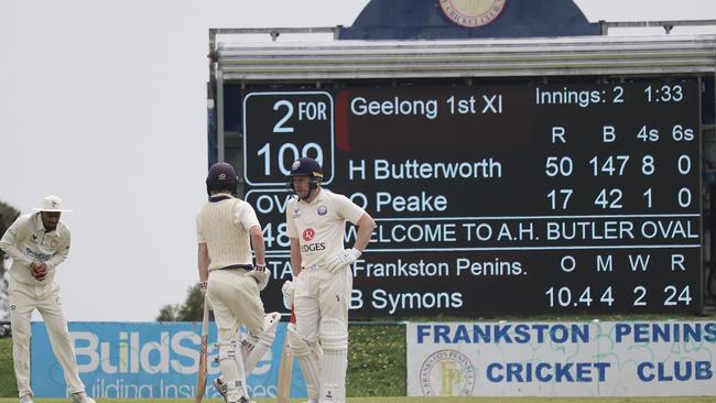 Butterworth batting with Geelong’s future, young gun Oliver Peake. Picture: Carey Neate.