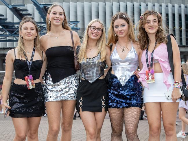 SYDNEY, AUSTRALIA - Daily Telegraph Photos February 26, 2024: Natalia, Sasha, Seraphina, Anya and Jess at Taylor Swift's The Eras Tour concert held at Accor Stadium in Sydney. Picture: Christian Gilles