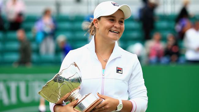 Ash Barty shows her delight at securing the trophy in Nottingham. Picture: Getty Images.