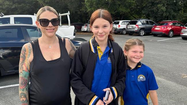 Megan Jeffs, Ashton Jeffs and Harper Jeffs at the first day of school at Nambour State School for 2023. Photo: Chelsea Heaney