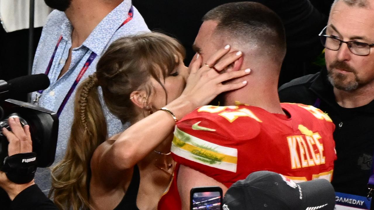 Swift and Kelce after the victory. Picture: Patrick T. Fallon/AFP