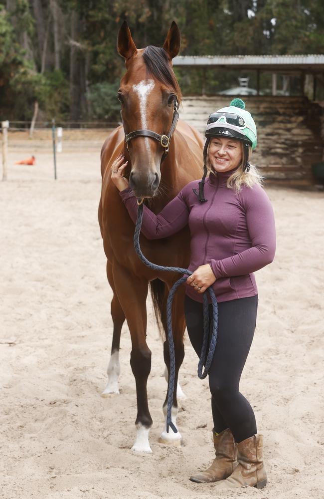 Tegan Keys track work rider with The Inevitable trained by John Keys that will run in the Thomas Lyons Stakes on Hobart Cup Day 2025. Picture: Nikki Davis-Jones