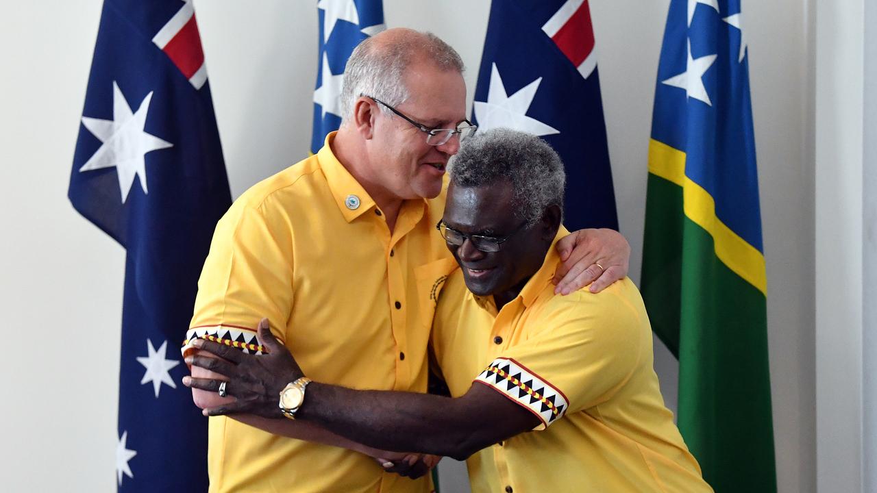 Mr Morrison and Mr Sogavare during friendlier times. Picture: AAP Image/Mick Tsikas