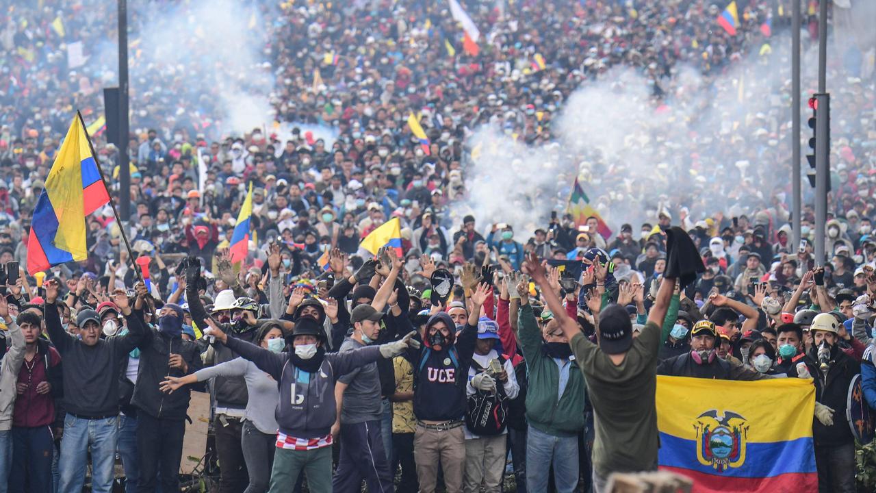 Demonstrators take part in a protest over a fuel price rise ordered by the Ecuador government to secure an IMF loan. Viopldnt clashes rocked the country for 12 days this month. Photo: Martin Bernetti/AFP