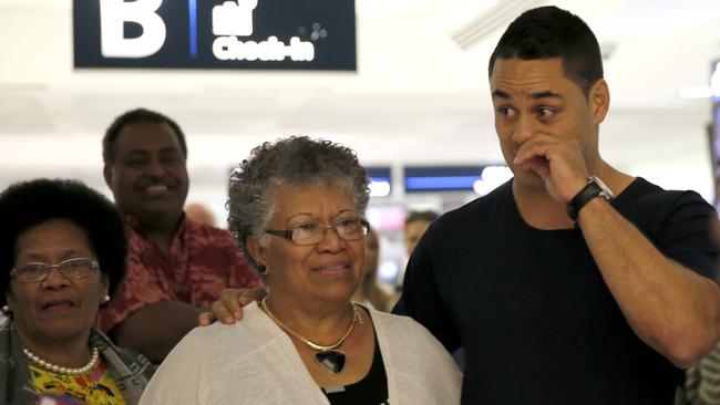 Former NRL Parramatta Eels player Jarryd Hayne farewells his family and friends last night. Picture: Luke Fuda