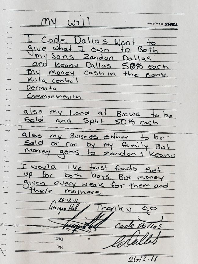 The alleged will of Bra Boy Cade Dallas. Source: Supreme Court.