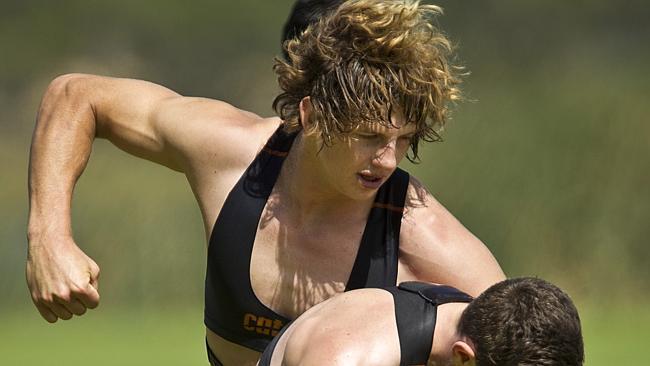 Nathan Fyfe fires up in his first training session for the new year. Picture: Matthew Poon