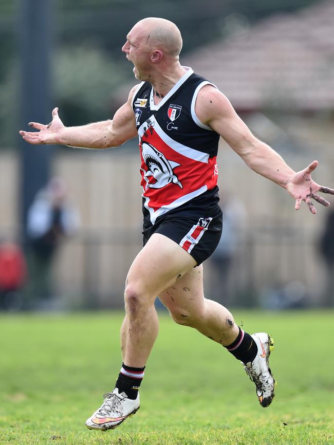 Yeah, baby: Shane McDonald celebrates a goal. Picture: Jason Sammon.