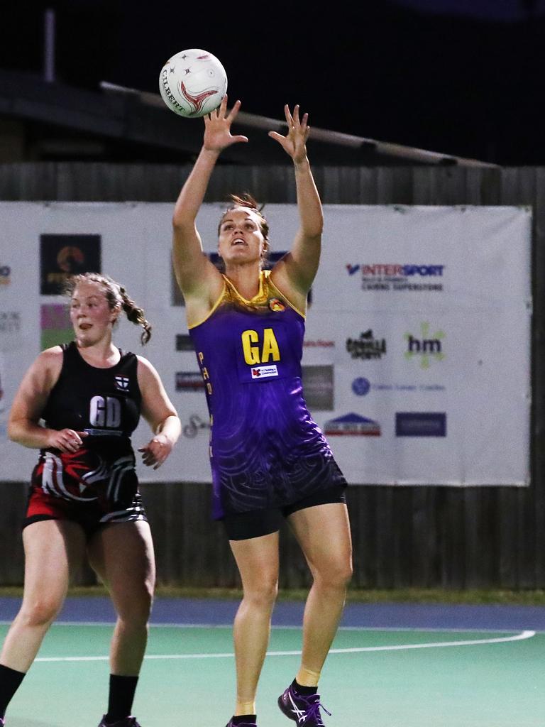 Fierce's Jade Kennedy gets to the ball first in the Cairns Netball Association Senior Division 1 match between the Phoenix Fierce and the Cairns Saints. PICTURE: BRENDAN RADKE