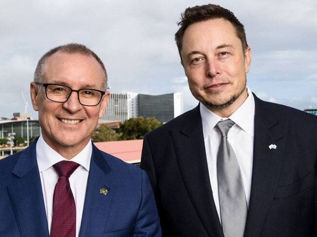 Former premier Jay Weatherill with Tesla's Elon Musk in Adelaide. Picture: Facebook