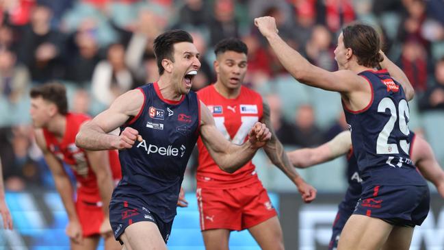 Matt Panos celebrates has last-minute goal that helped Norwood secure the 2022 SANFL premiership. Picture: Cory Sutton/SANFL