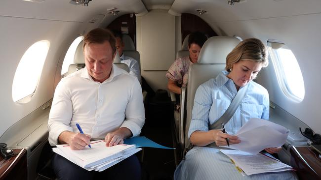 Premier Steven Miles and Health Minister Shannon Fentiman flying to Bundaberg together in the lead-up to the election campaign. Picture: Liam Kidston