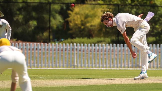 Liam Thompson fires one down for Glenelg against East Torrens at Campbelltown Oval. Picture: Russell Millard