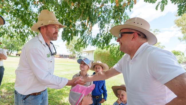 Prime Minister Anthony Albanese meets Lake Nash Station staff. Picture: Supplied