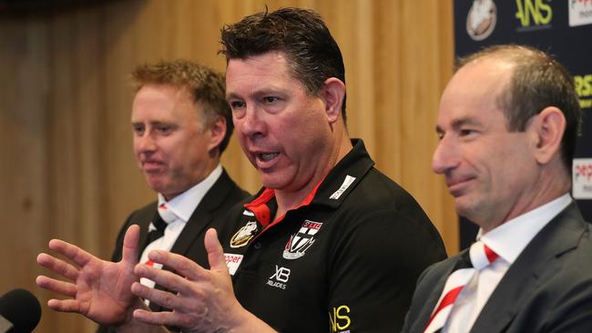 Sacked St Kilda coach Brett Ratten with former CEO Matt Finnis and St Kilda president Andrew Bassat. Pic: Michael Klein.