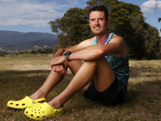 Dan Camac 29 of Adelaide ran the marathon in Crocs and broke the world record for doing this.  2025 Cadbury Marathon.  Picture: Nikki Davis-Jones