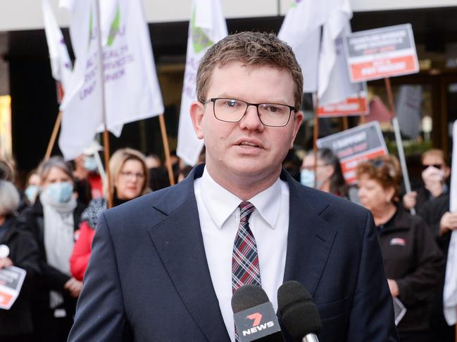 Adelaide July 15, 2021: Shadow Minister for Health Chris Picton with Royal District Nursing Service (RDNS) aged care workers and allied health professionals rally at the Fair Work Commission on North Tce. Picture: Brenton Edwards