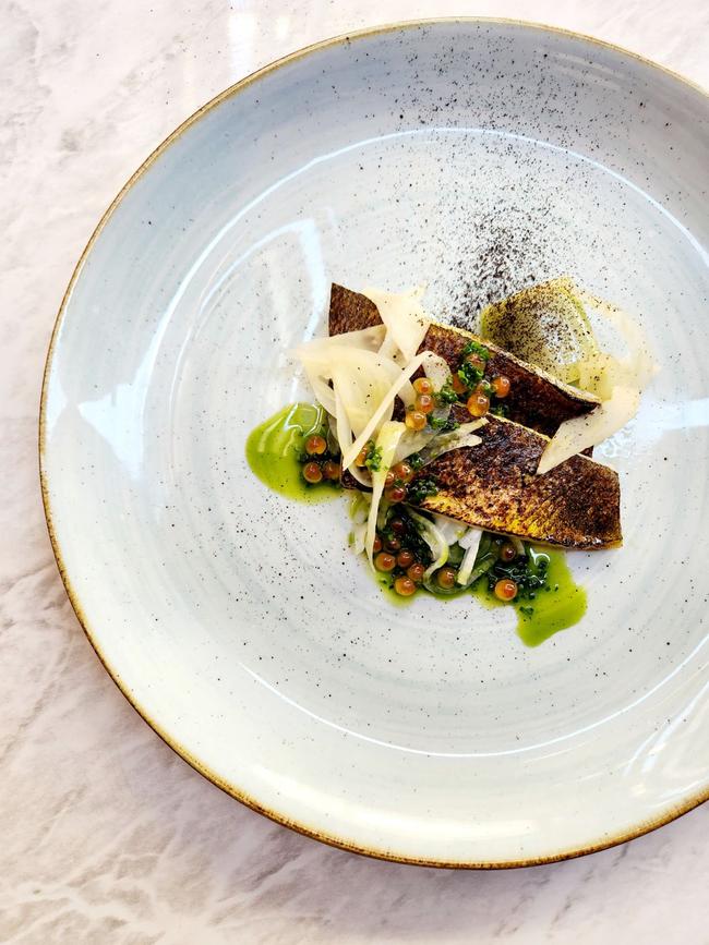 The restaurant pays homage to the River Murray with its Coorong mullet, leek, onions and roe dish.