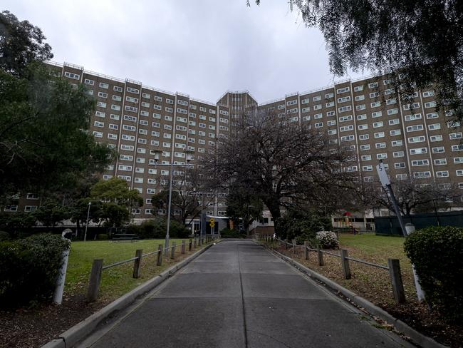 The North Melbourne Housing Commission flats on the first day of COVID-19 lockdown on Sunday. Picture: Luis Enrique Ascui