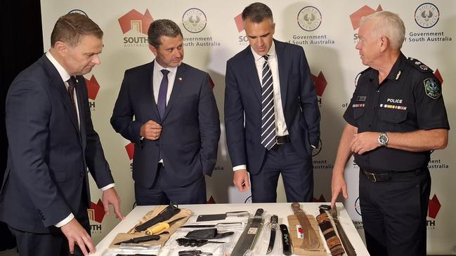 Premier Peter Malinauskas, Attorney General Kyam Maher, Treasurer of South Australia Stephen Mullighan and Police Commissioner Grant Stevens. Law and order is increasingly becoming a hot election issue. Picture: Supplied