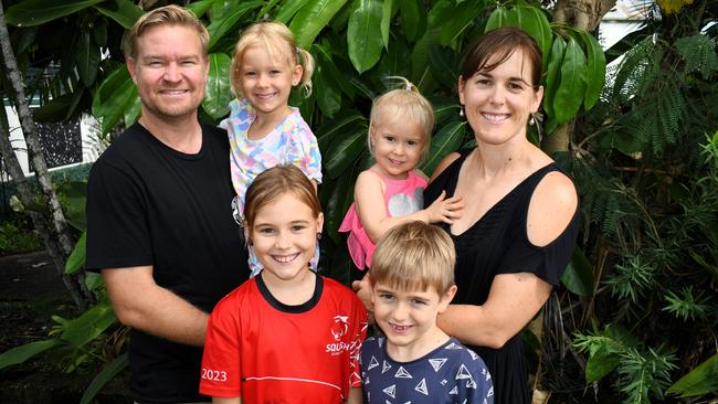 The home-schooling Cary family from Halifax, Hinchinbrook, North Queensland: Parents Andrew and Casey and children Hazel, 10, Owen, 8, Sage, 6, and Ivy, 3, outside the Ingham Squash Club. Picture: Cameron Bates