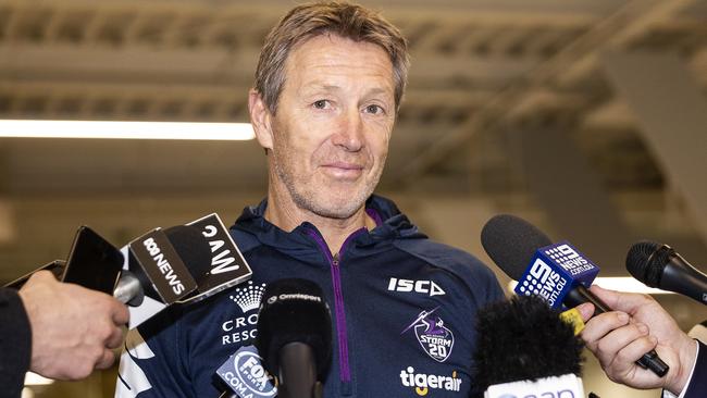 Melbourne coach Craig Bellamy speaks to the media at Melbourne Airport yesterday