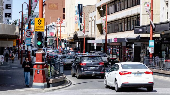 New scramble crossings at the intersection of Liverpool and Elizabeth streets in Hobart CBD. Picture: Linda Higginson