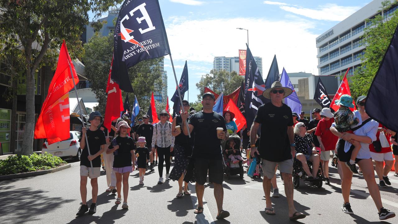Electrical Trades Union members marched through Darwin for the annual May Day march, celebrating union victories including the eight-hour work week, on Monday, May 5. Picture: Zizi Averill