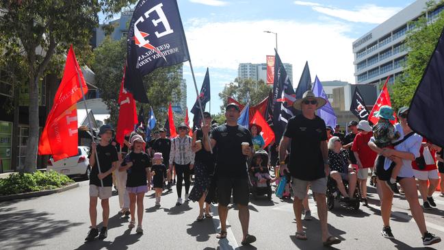 Electrical Trades Union members marched through Darwin for the annual May Day march, celebrating union victories including the eight-hour work week, on Monday, May 5. Picture: Zizi Averill