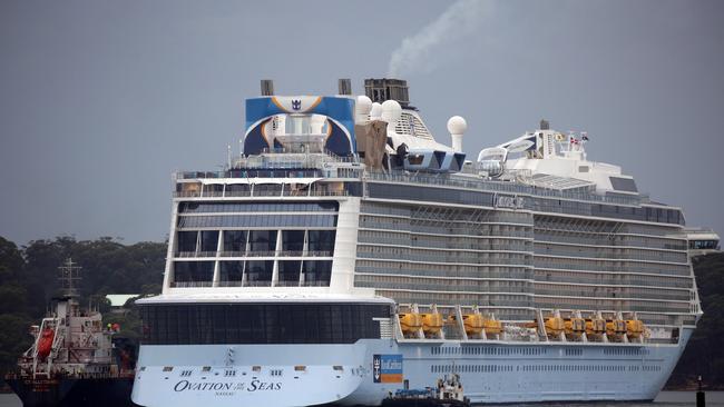 The Ovation of the Seas cruise ship pictured in Sydney Harbour during its refuelling and restocking on the Thursday. Picture: Christian Gilles