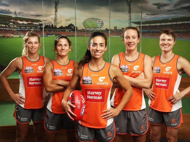 The GWS Giants women's team's leadership group from l to r, Mandy Collier, Jessica Dal Pos, Amanda Farrugia (Captain), Emma Swanson, (vice-captain), and Jessica Bibby at the Giants Sydney Olympic Park HQ. pic Mark Evans