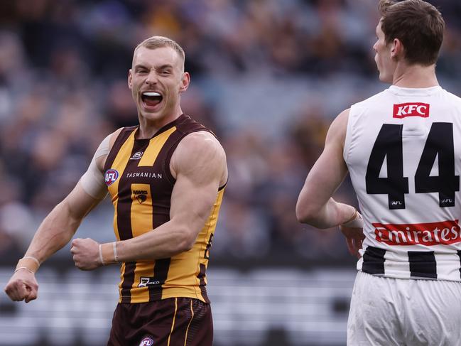 James Worpel fires up after booting the opening goal. Picture: Darrian Traynor/Getty Images