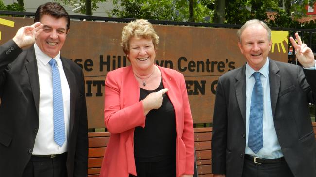 Then Hawkesbury MP Ray Williams, Health Minister Jillian Skinner and Riverstone MP Kevin Conolly taking the pledge in November 2014 to build the hospital. Picture: Lawrence Machado