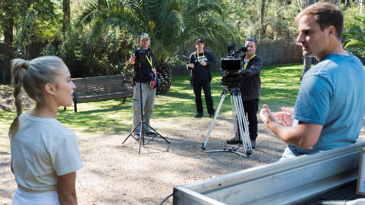 Cast and crew observing social distancing during filming in May. Picture: AFP Photo/Fremantle