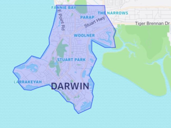 A map showing the areas that Uber Eats will deliver to when it begins operating in Darwin in  early July