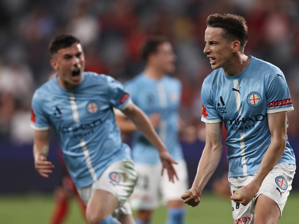 Kai Trewin (right) celebrates scoring for Melbourne City against Western Sydney Wanderers. Picture: Jason McCawley/Getty Images