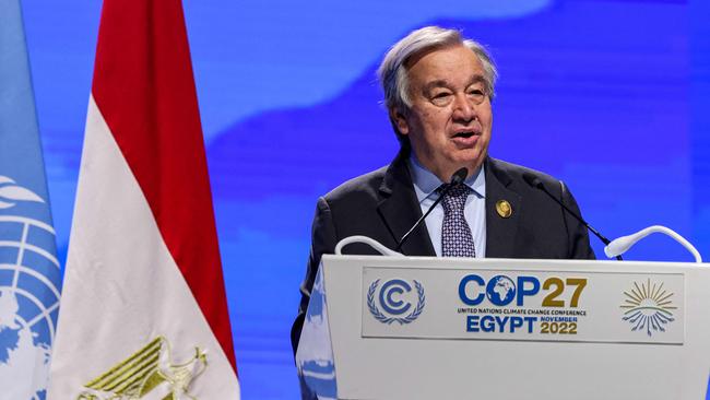 United Nations Secretary-General Antonio Guterres delivers a speech at COP27 in Egypt. Picture: AFP