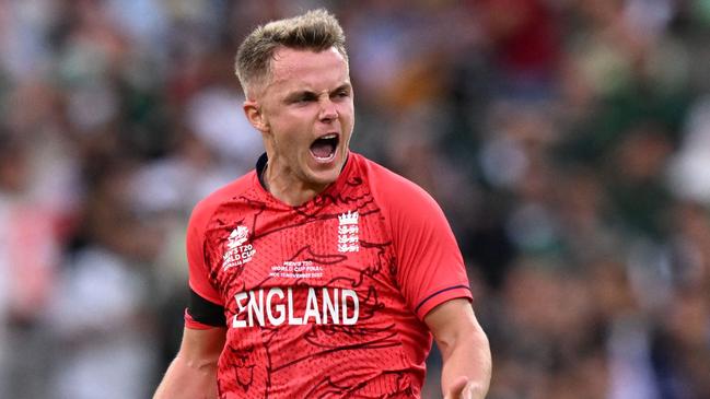 England's Sam Curran celebrates after the dismissal of Pakistan's Muhammad Rizwan.