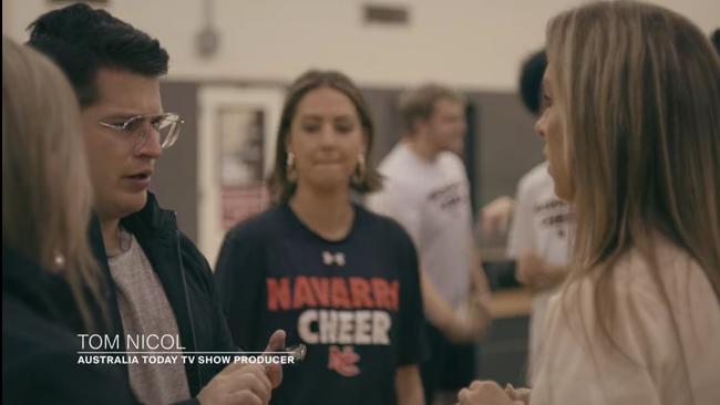 Former Today Show producer Tom Nicol pictured in the first episode of the second season of Cheer with entertainment reporter Brooke Boney (middle). Picture: Netflix