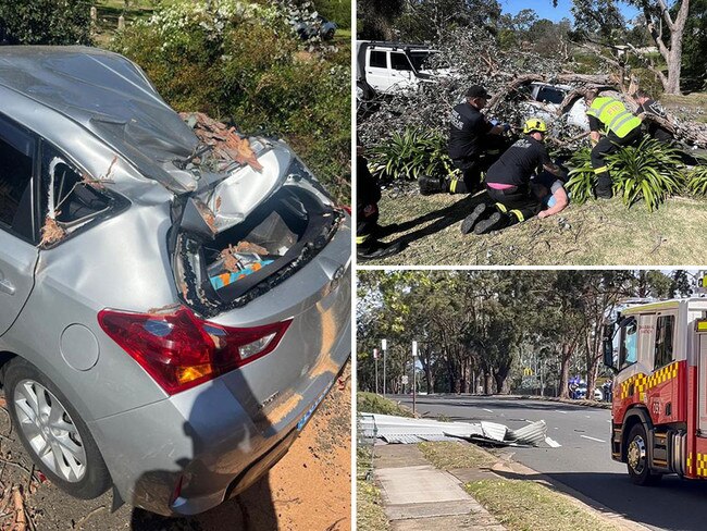 Wild winds across Sydney have seen an apartment block lose part of its roof, and two people injured buy trees falling on cars. Pictures: Supplied