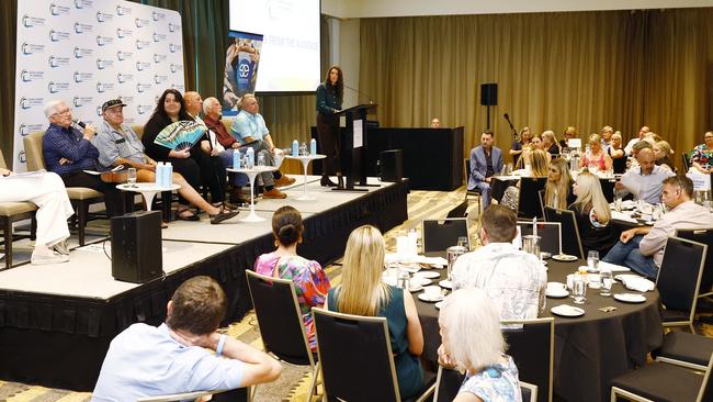 Cairns mayoral candidates for the 2024 Queensland Electoral Commission local government election Amy Eden, Terry James, John Kelly, Leah Potter, Paul Taylor, Denis Walls and Binda Warren take the stage with moderator Tyla Harrington at the Cairns Chamber of Commerce's mayoral election debate lunch, held at the Pullman Reef Hotel Casino. Picture: Brendan Radke