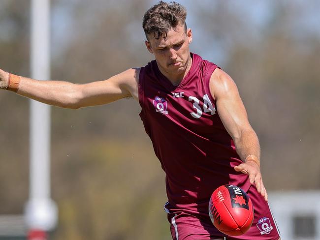 Jed Foggo of Queensland kicks the ball during the AFL U19 Championship match between Queensland and Tasmania at Yeronga on September 24, 2021 in Brisbane, Australia. (Photo by Russell Freeman/AFL Photos)