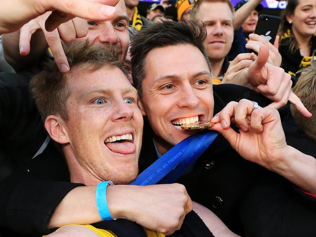 Jack Riewoldt celebrates the win. Picture: Mark Stewart