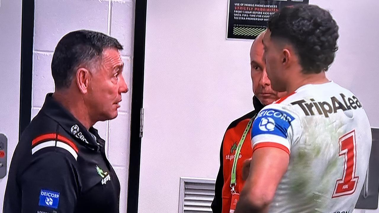 Shane Flanagan has a chat with Tyrell Sloan after shortly after full-time. Picture: Fox League